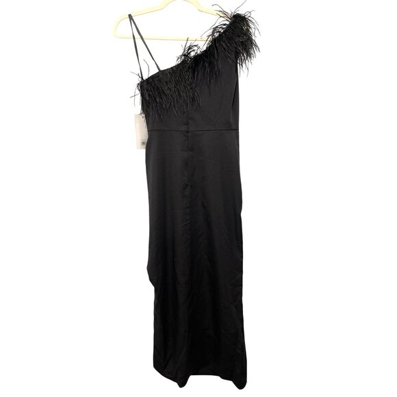 Mac Duggal 68147 Black Feather One Shoulder Midi Dress Cocktail Size 2 NEW - Picture 7 of 10